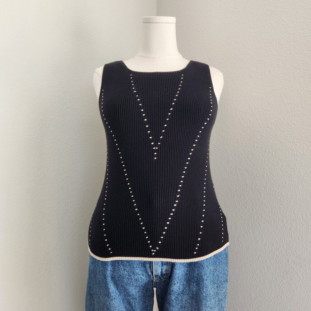 Vintage 90s Casual Corner Black Tan Ribbed Cotton Sleeveless Knit Tank Top S